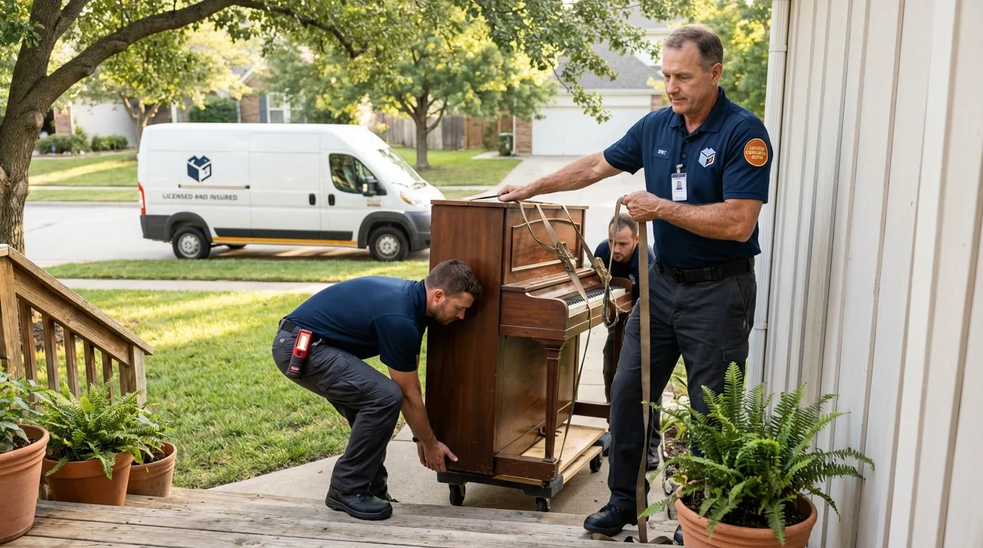 Licensed piano movers securing grand piano in Canyon City, OR