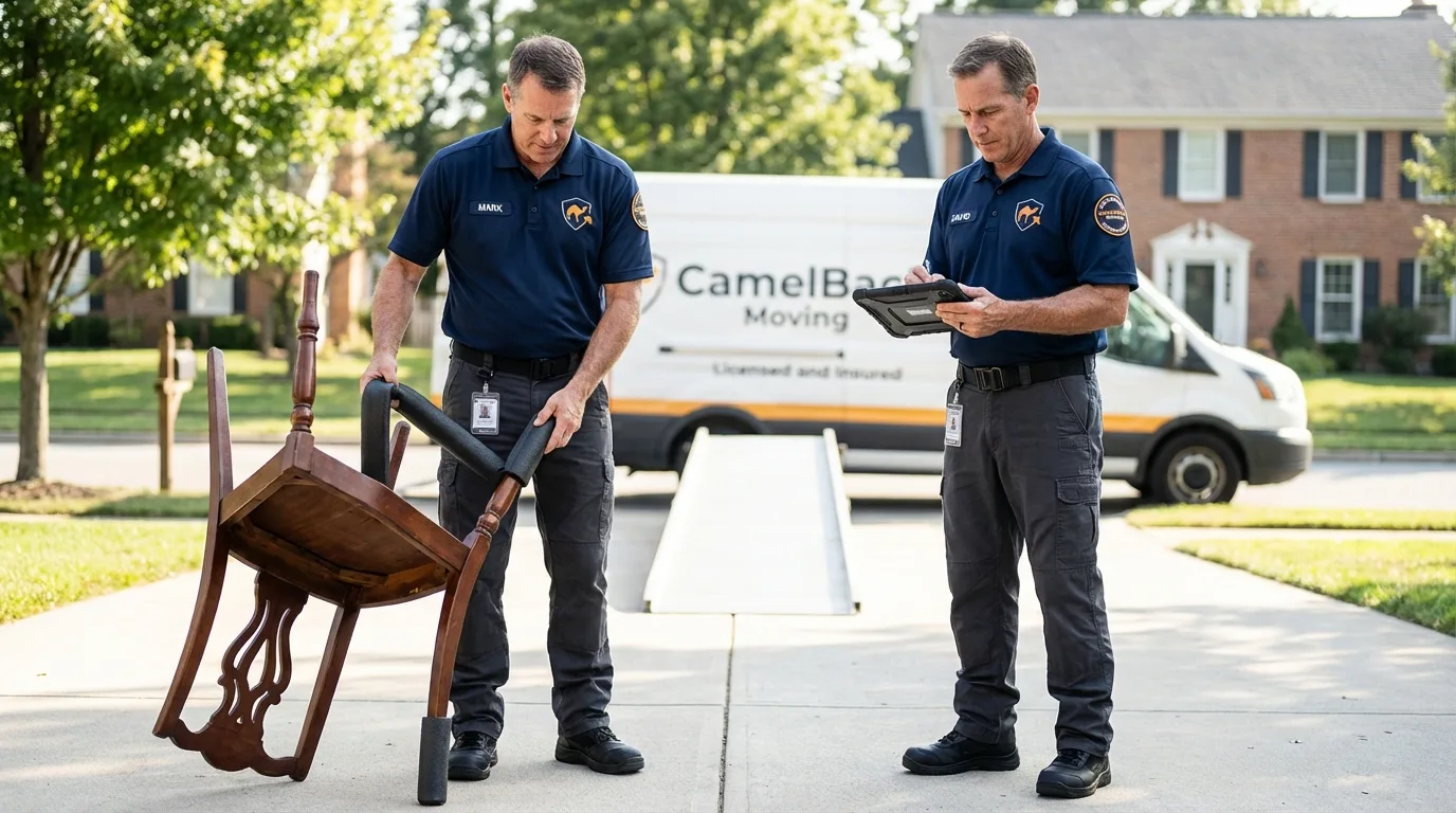 Movers inspecting furniture for damage prevention before loading in Canyon City, OR