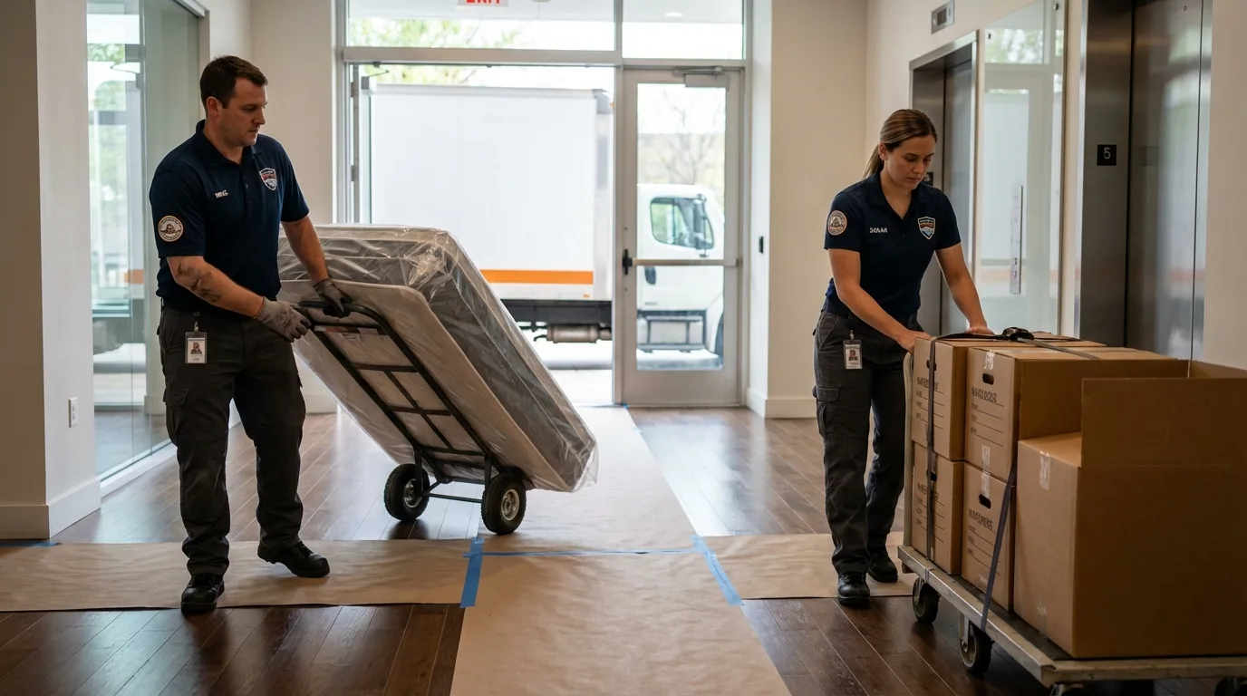 Professional apartment movers loading elevator in Canyon City, OR